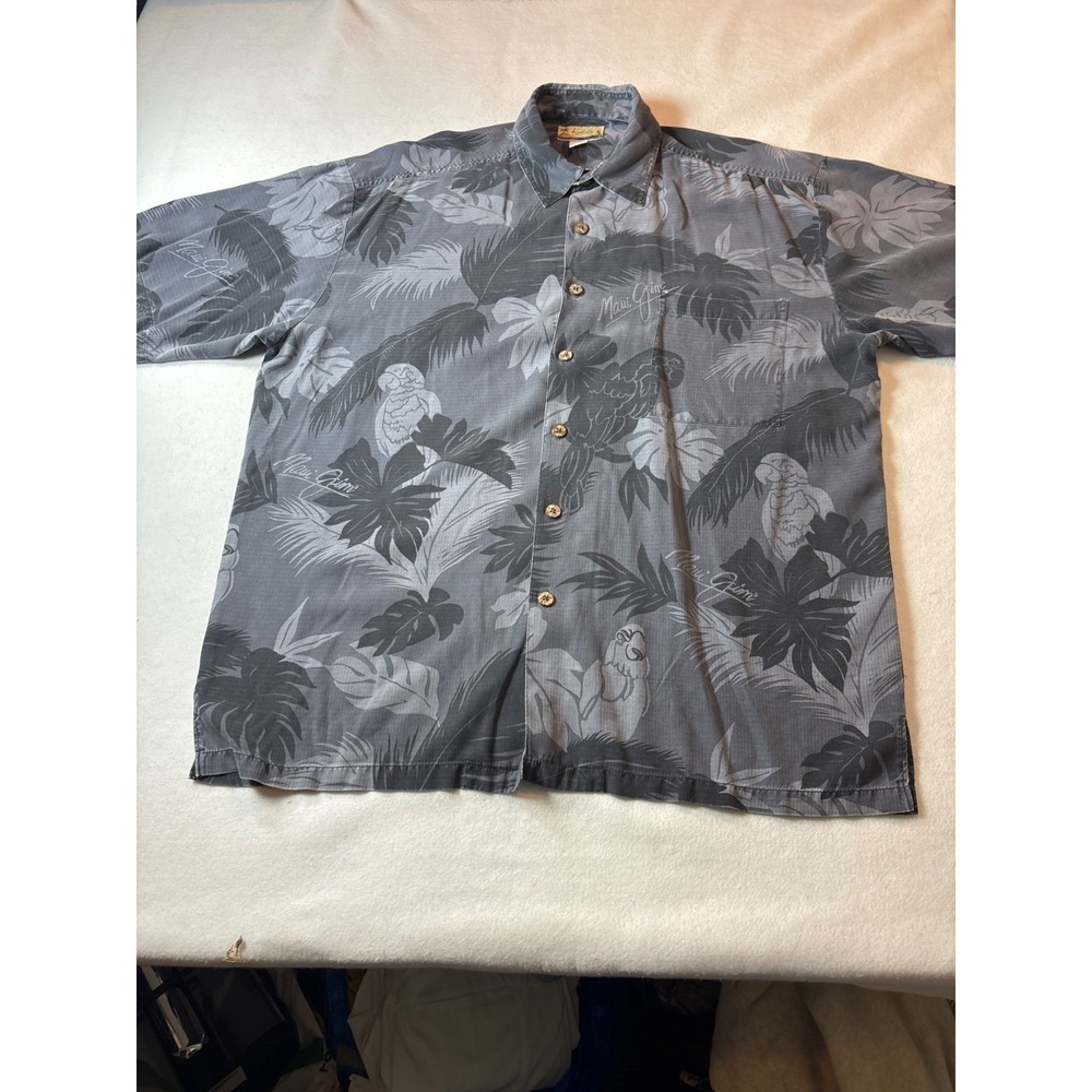 Kahala Maui Jim Silk Hawaiian Shirt Mens XL Grey Tropical Parrot Excellent